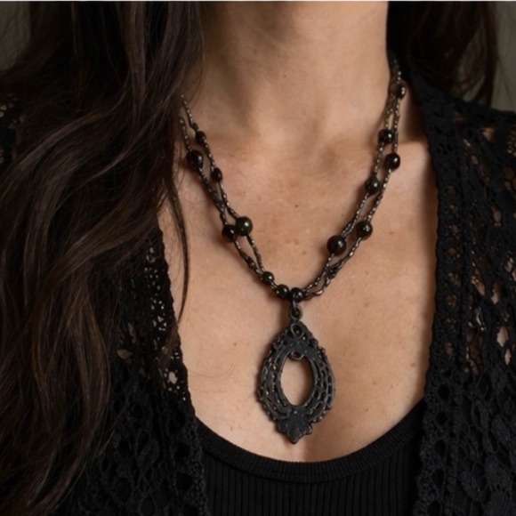 Artisan Beaded Statement Necklace Dark Pendant Boho Vintage - Picture 3 of 5